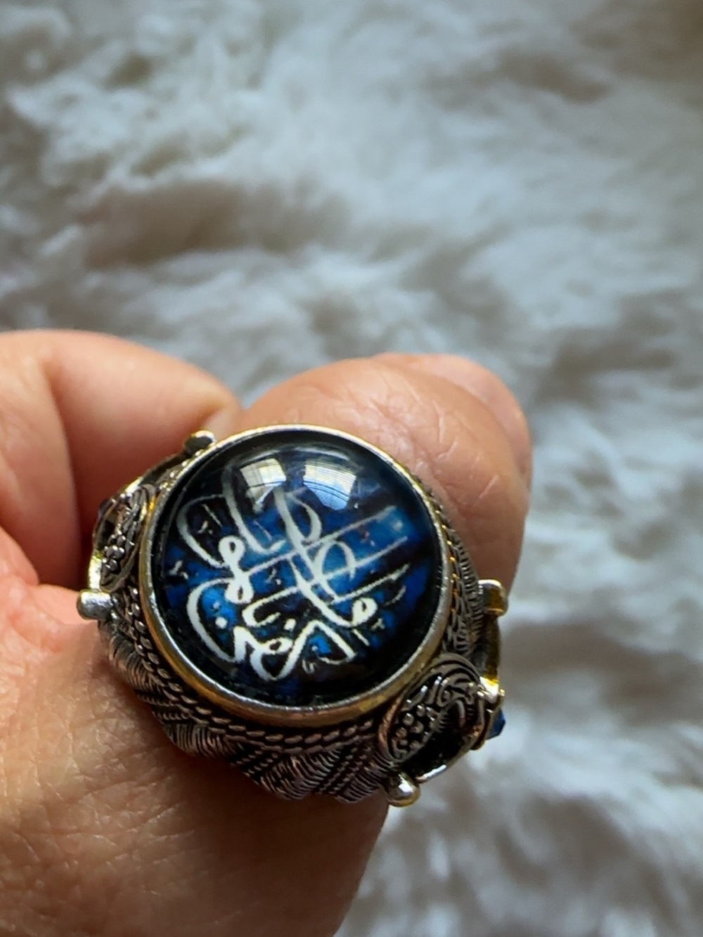 Handcrafted Silver plated Ring with Blue Enamel Calligraphy ring size 10